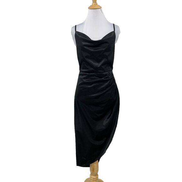 Micas Satin Draped Midi Dress Womens M Medium Black Cowl Neck Sleeveless Stretch - Picture 1 of 13
